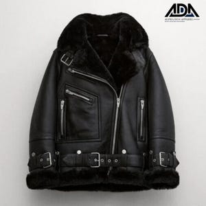 Black Shearling Leather Jacket for Women, Real Sheepskin Biker Aviator Coat | Winter Warm Faux Fur Lined Jacket | Handmade Leather Outerwear