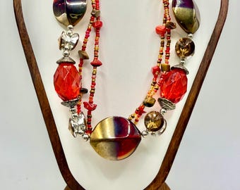 Red Beaded Multi Strand Necklace with Glass Beads, Layered Jewelry