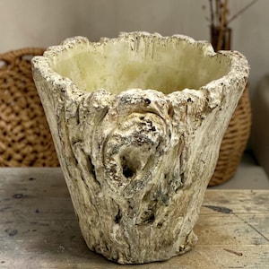 Puede incluir: Un macetero con forma de tronco de árbol, con una superficie rugosa y texturizada. Los tonos blanquecinos y beige crean una estética natural y rústica. El borde irregular y los detalles de nudos añaden un diseño único. Ideal para uso interior o exterior.