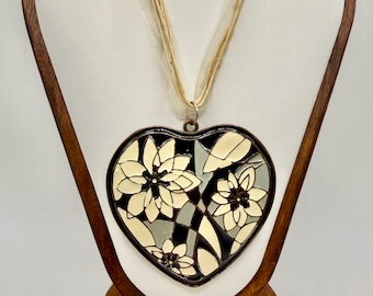 Vintage Cream and Black Floral Heart Pendant Necklace -Romantic Jewelry - Gift for Her
