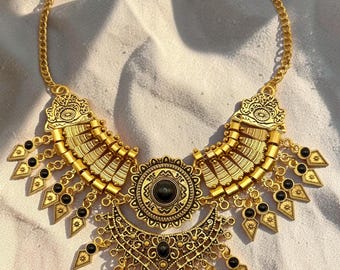 Gold Statement Necklace for Women, Boho Tribal Bib Necklace with Black Stones, Festival Jewelry