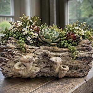 May include: A rectangular planter shaped like a textured log with two sculpted mushroom clusters on the front. The planter is filled with a variety of green succulents, small white flowers, and trailing greenery, creating a dense arrangement.