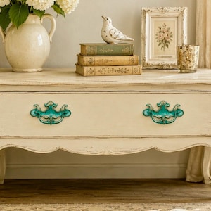 Turquoise Brass Distressed Drawer Pulls Set of 2, Cottagecore Hardware, French Country Dresser Handles