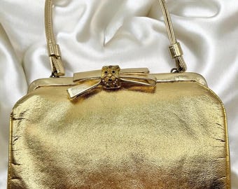 Vintage Gold Evening Bag, 1950s Top Handle Purse, Rhinestone Bow Clasp