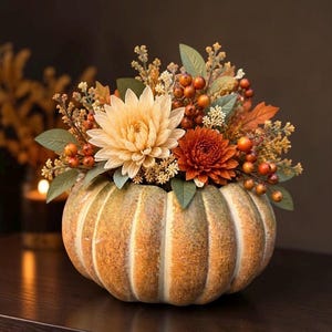 May include: A decorative pumpkin-shaped container with a textured, mottled orange and green finish, filled with an arrangement of artificial flowers including a large cream dahlia, a dark orange chrysanthemum, green leaves, and small orange berries.