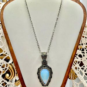 Opalite Teardrop Pendant Necklace, Vintage Style Silver Filigree Statement Jewelry
