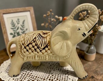 Vintage Ceramic Elephant Figurine Brazil – Good Luck Raised Trunk – Neutral Boho Decor