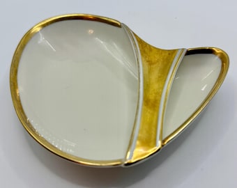Vintage Edelstein Bavaria Porcelain Dish, Mid Century Modern Gold Accent Trinket Bowl