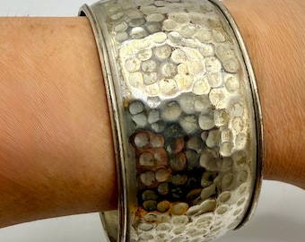 Vintage Hammered Silver Tone Wide Cuff Bracelet, Mid Century Mixed Metal Jewelry