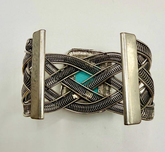 Turquoise Statement Cuff Bracelet Silver Tone Boh… - image 3