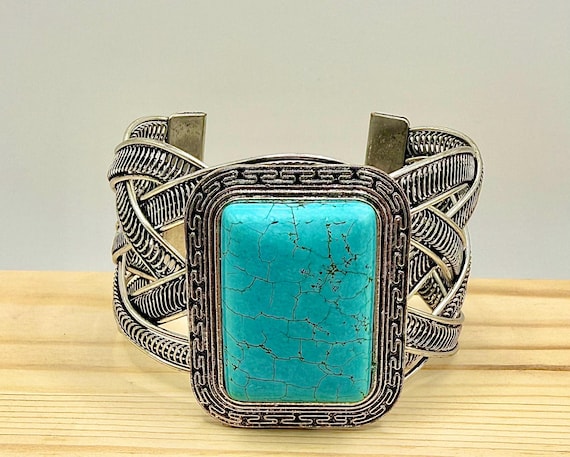 Turquoise Statement Cuff Bracelet Silver Tone Boh… - image 2