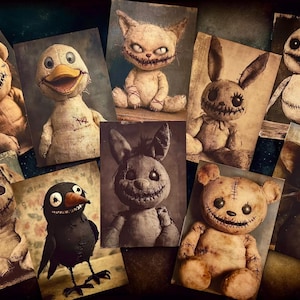 May include: A collection of creepy, stitched-together plush toys, including a bear, duck, cat, rabbit, owl, dog, crow, and mouse. Each toy has a stitched smile and button eyes, creating a spooky, Halloween-themed aesthetic.