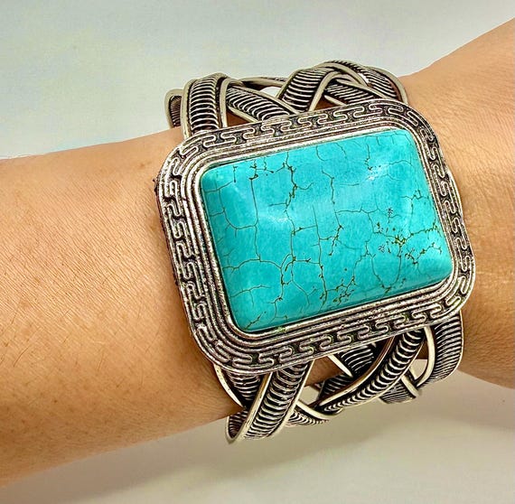 Turquoise Statement Cuff Bracelet Silver Tone Boh… - image 1