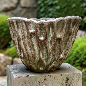 May include: A weathered, textured concrete planter with a scalloped rim. The planter has vertical, ribbed detailing with brown accents, and sits on a square concrete base. The background features green foliage and stone.