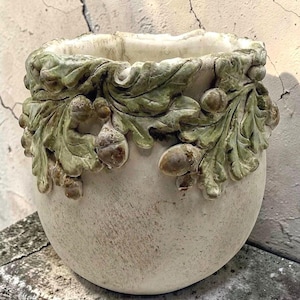 Oak Leaf Acorn Cement Planter - Rustic Woodland Cottagecore Plant Pot