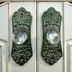 Vintage Crystal Drawer Pulls Set of 2, Rustic Green Cast Iron Cabinet Knobs