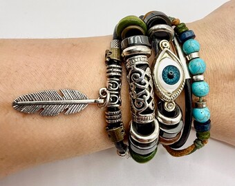 Evil Eye Leather Charm Bracelet, Stack Turquoise Beads with Feather Charm
