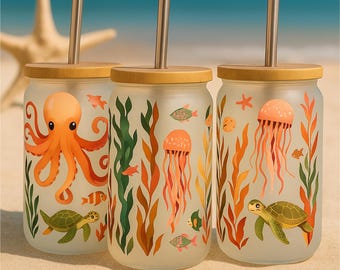 Pacote de imagens SVG de polvo divertido para copos de 473 ml – Clipart de oceano profundo com fundo transparente para sublimação + 8 PNGs bônus para decoração de verão