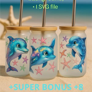 Joyful Dolphins SVG-bundel voor 16 oz glas – Underwater Dance Sea Life clipart-pngs voor sublimatie en stranddecor +8 bonusontwerpen