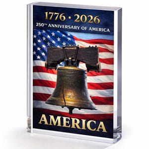 May include: A clear acrylic block featuring the Liberty Bell against a backdrop of the American flag. The block displays the text "1776 • 2026 250th Anniversary of America" and the word "AMERICA" in gold lettering.