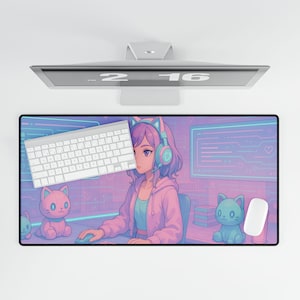May include: A rectangular mouse mat with a digital illustration of a girl with purple hair wearing cat ear headphones, a pink hoodie, and a teal shirt. The background has a neon aesthetic with cat figures and computer screens. A white keyboard and mouse are also present.