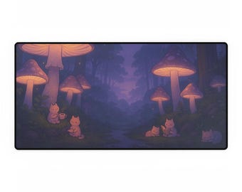 Tappetino da scrivania Lofi Cat: tappetino da scrivania con foresta di funghi incantati