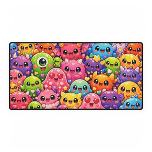 Può includere: Un tappetino per mouse rettangolare con un motivo colorato di mostri dei cartoni animati. I mostri sono in vari colori, tra cui rosa, arancione, giallo, verde, viola e blu. Ogni mostro ha grandi occhi e un'espressione carina.