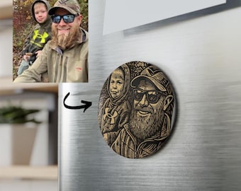 Magnete fotografico personalizzato in stile xilografia: regalo rustico personalizzato