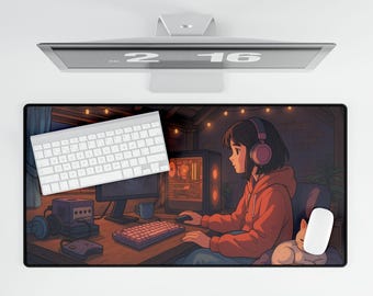 Tappetino da scrivania XXL Lofi Gamer Girl: comodo tappetino da scrivania per PC con gatto animato