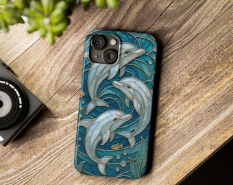 Custodia per telefono con delfino in vetro colorato: custodia per iPhone con tema marino acquatico