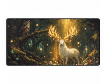 Tappetino da scrivania XL con animali mistici della foresta / Cervo bianco, gufo, animali magici della fauna selvatica