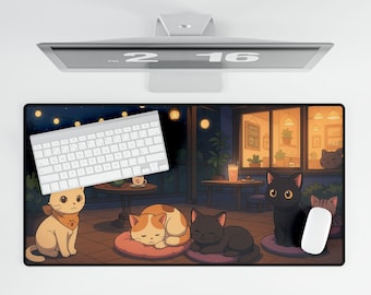 アニメ猫カフェデスクマット：居心地の良い子猫の屋上ゲーミングXLマウスパッド