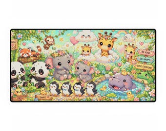 Tappetino da scrivania XL con animali dello zoo in stile Kawaii / Chibi Panda, elefanti, giraffe, pinguini / Tappetino da scrivania XL con simpatici animali