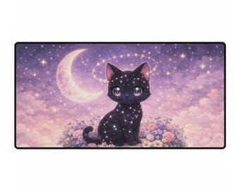 Tappetino da scrivania Magic Cat XL / Tappetino da scrivania nero Kawaii con gatto celeste / Tappetino da gioco Twilight Blooms