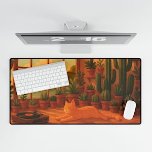 Kitty Lofi Desk Mat XL Lofi Deskmat with Plants Lo Fi Cat Aesthetic Serene Big Deskpad XXL Lofi Lovers Gift Boys Deskmat