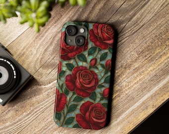 Custodia per telefono in vetro colorato con rosa rossa: cover per iPhone con mosaico di abalone iridescente