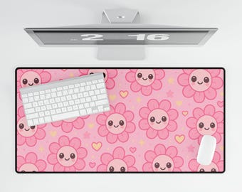 Tappetino da scrivania kawaii con fiori rosa XL, rosa pastello, con margherite sorridenti, grande tappetino da scrivania coreano kawaii floreale per una ragazza carina