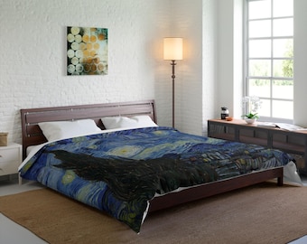 Trapunta artistica con motivo Notte stellata / Biancheria da letto celeste ispirata a Van Gogh