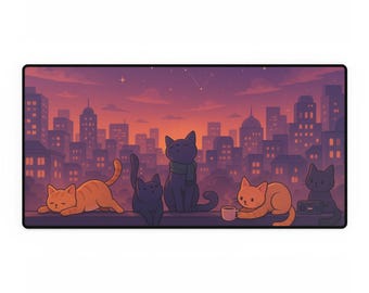 Tappetino da scrivania Lofi Cat con scena notturna sui tetti di Tokyo, stile anime, con gatti kawaii