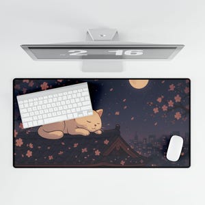 Lofi Aesthetics Cat Desk Mat XXL Lofi Animation Deskmat Sakura Night Sky Tokyo Anime Deskpad Cute Kawaii Desk Topper Gaming Vibe