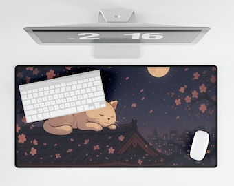 Lofi Cat Desk Mat XXL: Sakura Night Sky Tokyo Anime Deskpad
