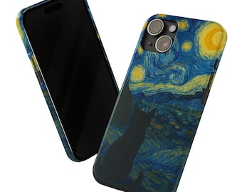Custodia per telefono Van Gogh Starry Night Cat, parodia artistica del meme del gatto, custodia estetica per iPhone.