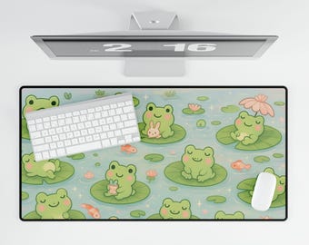 Sottomano da scrivania Kawaii Frog XL, motivo ninfea pastello