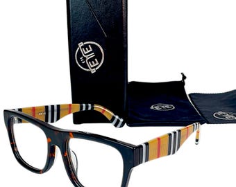 Unisex Acetate Eyeglasses Frame: Tortoiseshell & Striped Optical Glasses with Case