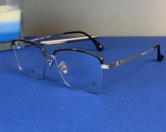 Eyeglasses, Eyewear, Optical Glasses Frame, Unisex - Rectangular Aviator Japanese Korean Gothic Style - Silver Titanium - Black Acetate