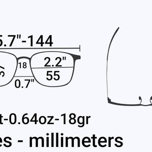 May include: Black eyeglasses with measurements: 5.7" wide (144mm), 1.46" high (37mm), 2.2" lens width (55mm), and 0.7" bridge. The frame is 6" (153mm) long. Weight is 0.64oz (18gr). The text reads "Inches - millimeters".
