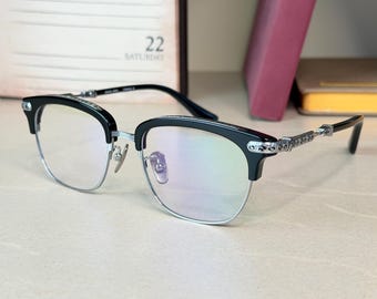 Blue Light Browline Eyeglasses Frames, eyewear optical glasses frames, black acetate pure titanium, Japanese temple detailing, nerdy gothic