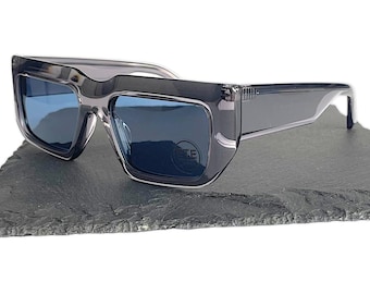 ETE Polarized Sunglasses – Chunky Gray Acetate Frame with Blue Lenses | Bold Unisex Fashion Eyewear