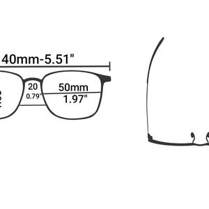 Może przedstawiać: Schemat okular&oacute;w z wymiarami. Oprawka ma 140 mm szerokości, 42 mm wysokości, a soczewka 50 mm szerokości. Mostek ma 20 mm. Całkowita wysokość wynosi 145 mm.