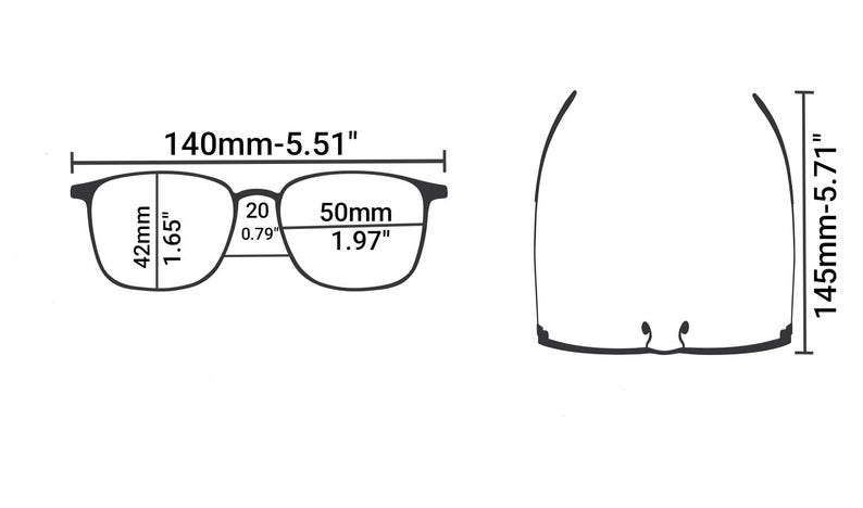 Może przedstawiać: Schemat okular&oacute;w z wymiarami. Oprawka ma 140 mm szerokości, 42 mm wysokości, a soczewka 50 mm szerokości. Mostek ma 20 mm. Całkowita wysokość wynosi 145 mm.